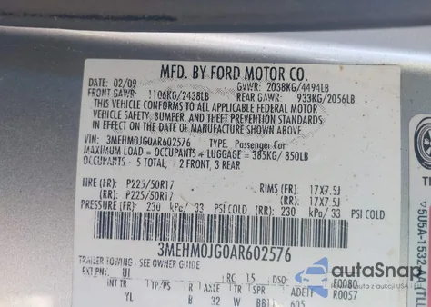 2010 Mercury Milan Premier from USA, damaged, VIN 3MEHM0JG0AR602576